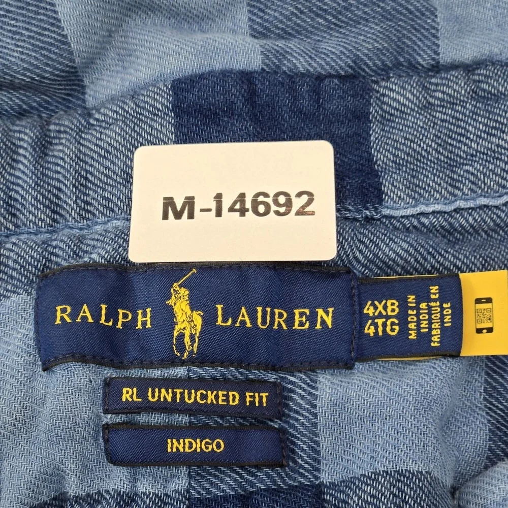 Ralph Lauren Men Button Up Shirt 4XB Blue Pony Embroidery Plaid Untucked Fit